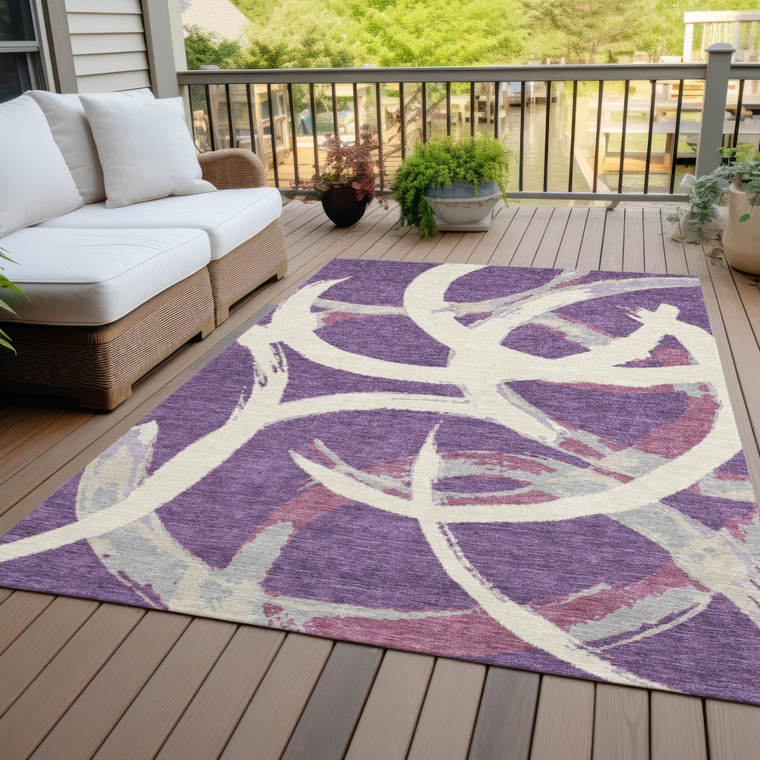 5' X 8' Purple Ivory And Gray Abstract Washable Indoor Outdoor Area Rug