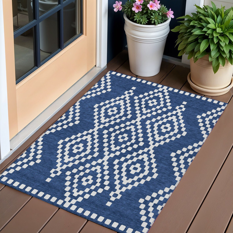 3' X 5' Navy Blue And Ivory Geometric Washable Indoor Outdoor Area Rug Transitional Style - Navy Blue, Ivory Color