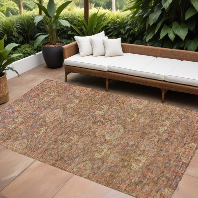 5' X 8' Brown And Tan Damask Washable Indoor Outdoor Area Rug