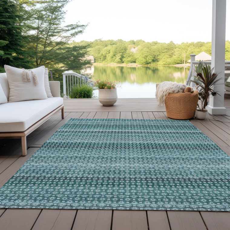 3' X 5' Teal Blue And Aqua Striped Washable Indoor Outdoor Area Rug Transitional Style - Teal Blue, Aqua Color