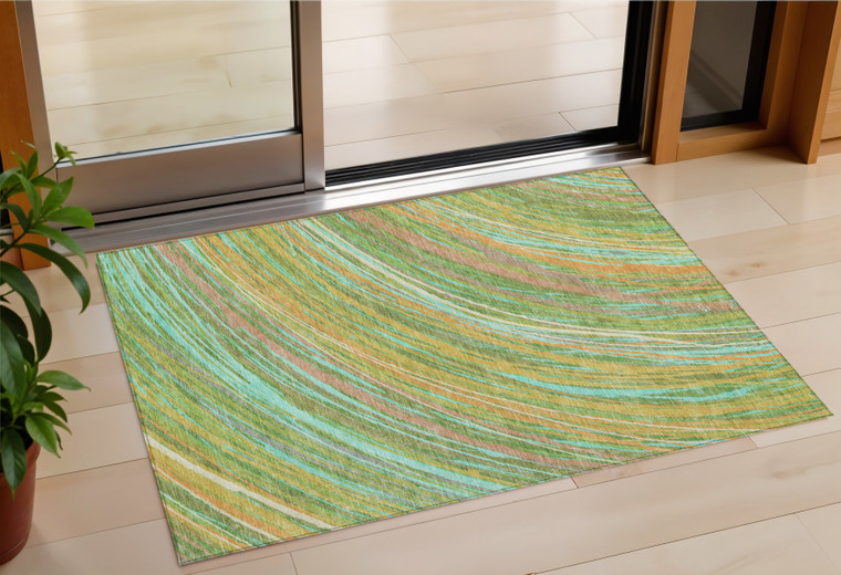 3' X 5' Green Peach And Gold Abstract Washable Indoor Outdoor Area Rug