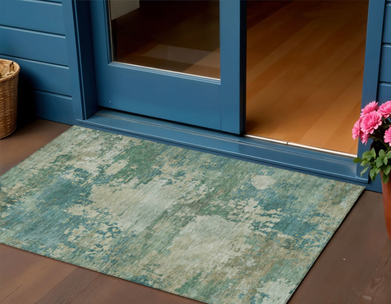 3' X 5' Teal Blue Beige And Denim Blue Abstract Washable Indoor Outdoor Area Rug