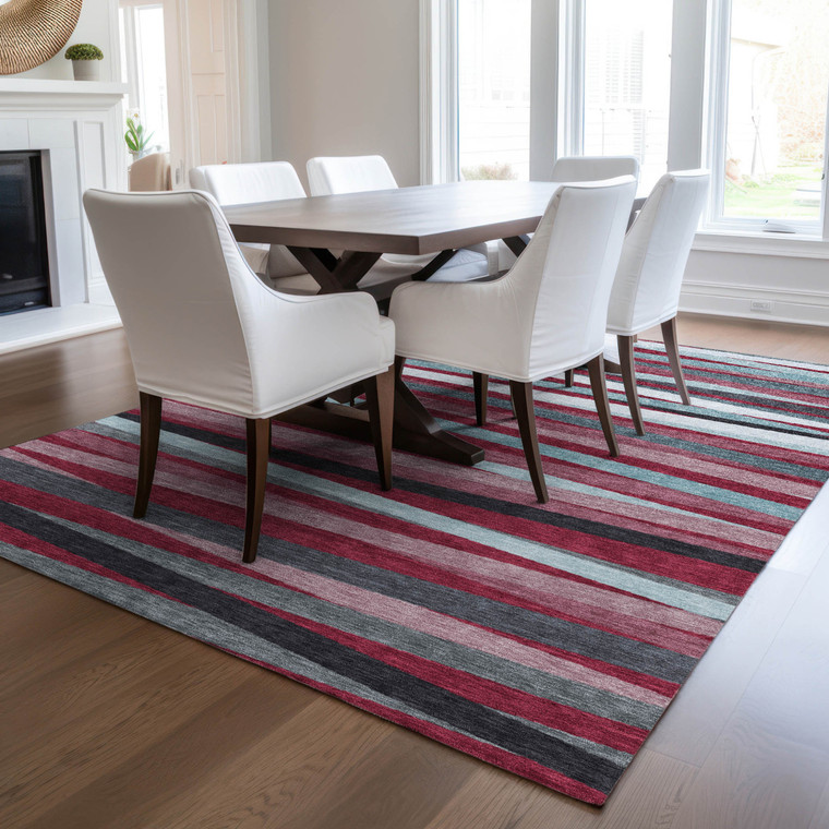 3' X 5' Burgundy Ivory And Blue Striped Washable Indoor Outdoor Area Rug