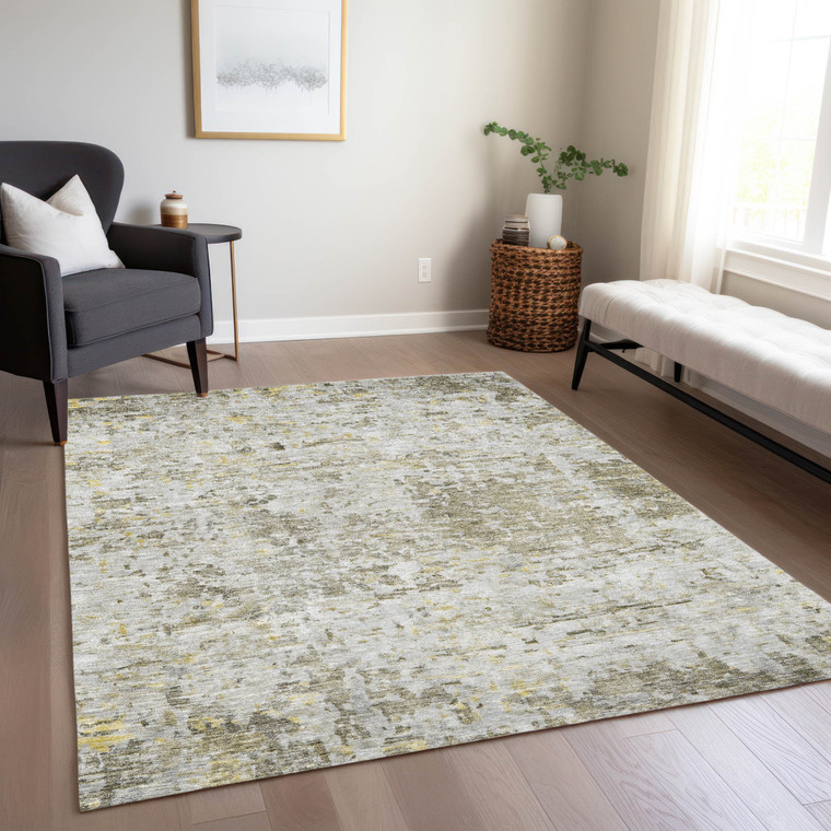 3' X 5' Taupe Light Yellow And Ivory Abstract Washable Indoor Outdoor Area Rug