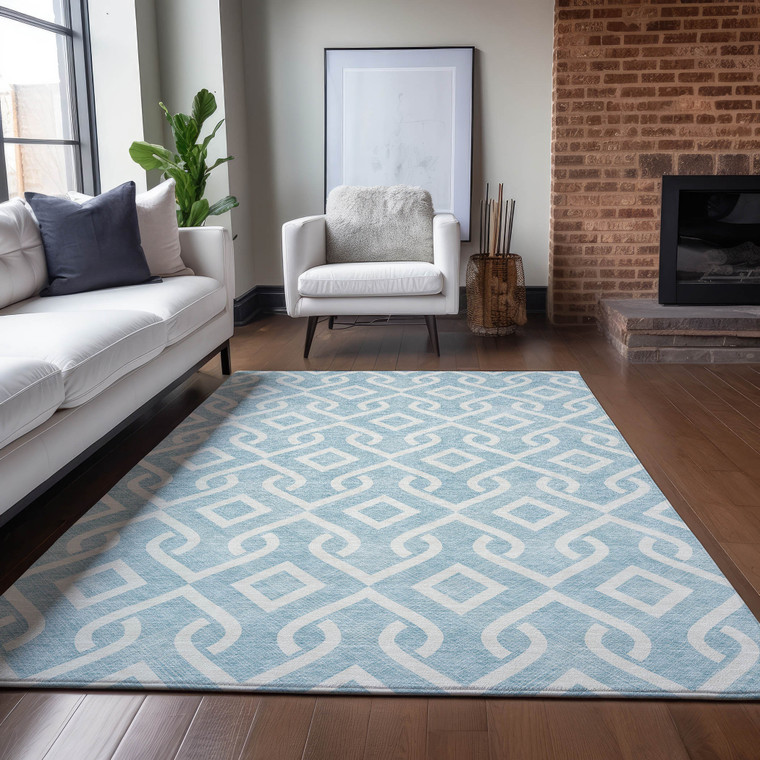 3' X 5' Sky Blue And Ivory Geometric Washable Indoor Outdoor Area Rug Transitional Style - Sky Blue, Ivory Color