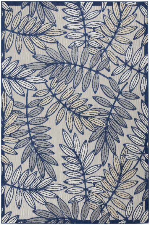 6' X 9' Navy Blue And Beige Botanical Leaves Indoor Outdoor Area Rug - Navy Blue, Beige