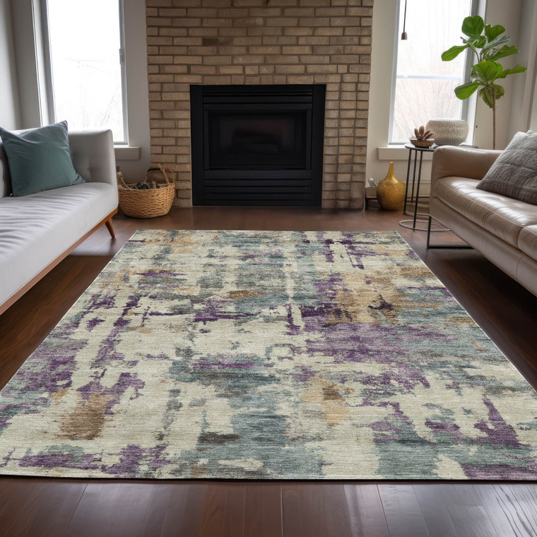 3' X 5' Linen Purple And Gold Abstract Washable Indoor Outdoor Area Rug