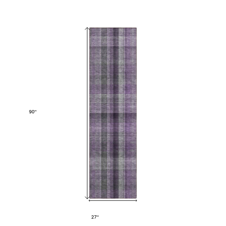 2' X 8' Purple Gray and Black Plaid Washable Non Skid Indoor Outdoor Area Rug