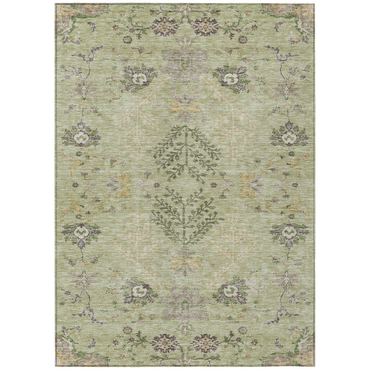 3' X 5' Artichoke Green Brown And Beige Floral Washable Indoor Outdoor Area Rug