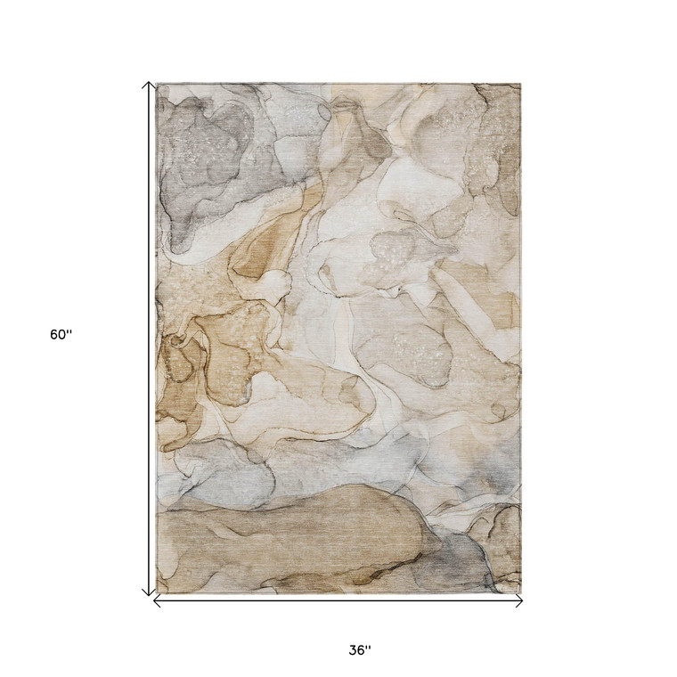 3' X 5' Beige Abstract Washable Non Skid Indoor Outdoor Area Rug Transitional Style - Beige Color