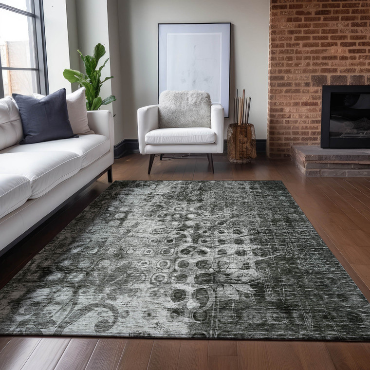 5' X 8' Charcoal Ikat Washable Indoor Outdoor Area Rug