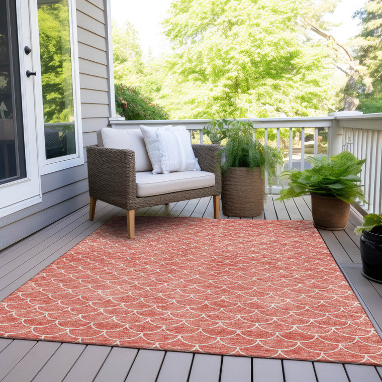 3' X 5' Salmon And Ivory Geometric Washable Indoor Outdoor Area Rug Transitional Style - Salmon, Ivory Color