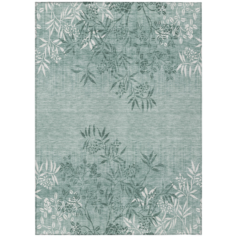 5' X 8' Sage Fern Green And Ivory Floral Washable Indoor Outdoor Area Rug