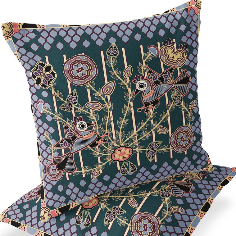 Set of Two 16" X 16" Green and Pink Peacock Blown Seam Floral Indoor Outdoor Throw Pillow - 606114837527