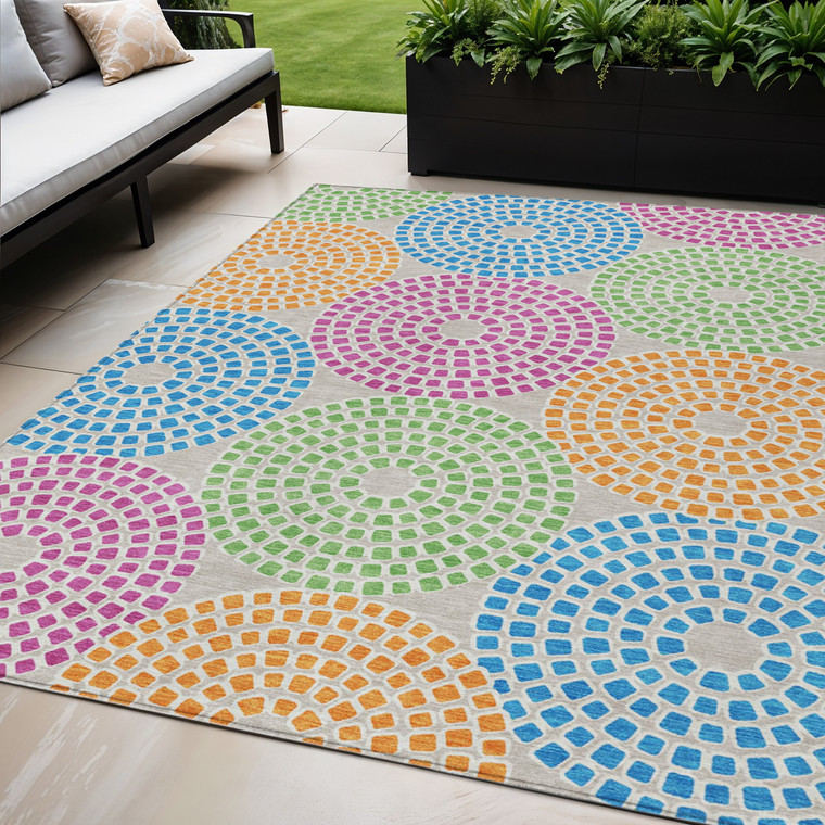 5' X 8' Purple Green And Aqua Geometric Washable Indoor Outdoor Area Rug