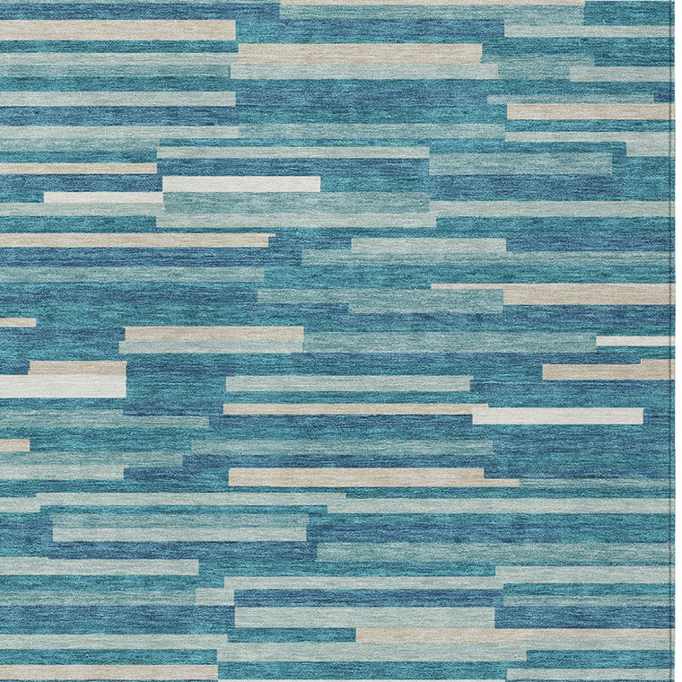 5' X 8' Teal Blue And Ivory Striped Washable Indoor Outdoor Area Rug Transitional Style - Teal Blue, Ivory Color