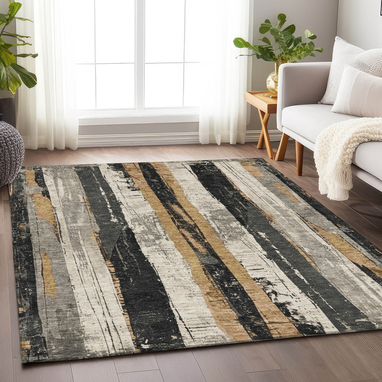 3' X 5' Taupe And Gold Striped Washable Indoor Outdoor Area Rug