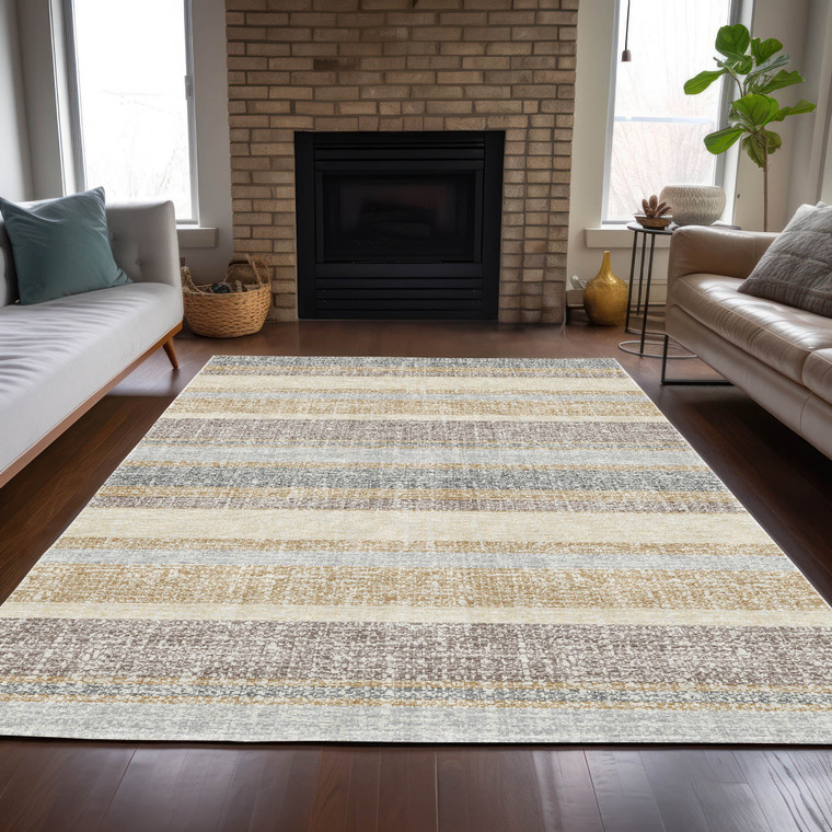 3' X 5' Gold And Silver Striped Washable Indoor Outdoor Area Rug