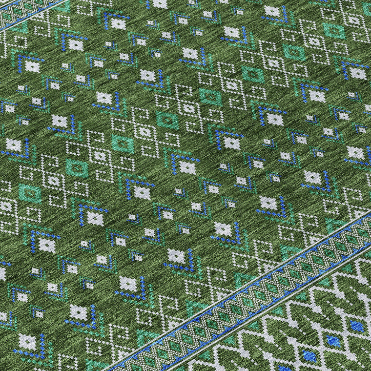 5' X 8' Olive Green And Blue Tribal Washable Indoor Outdoor Area Rug