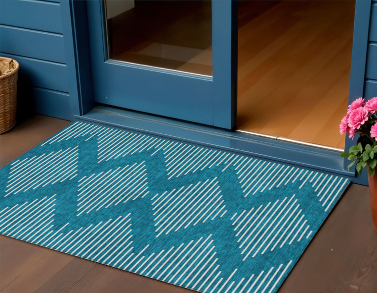 3' X 5' Teal Blue And Ivory Geometric Washable Indoor Outdoor Area Rug Transitional Style - Teal Blue, Ivory Color