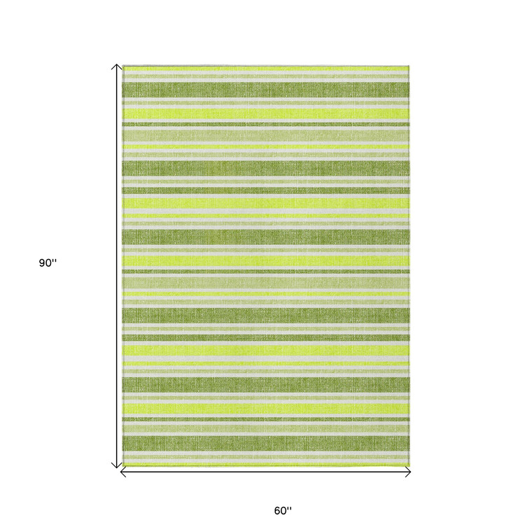 5' X 8' Green and Yellow Striped Washable Non Skid Indoor Outdoor Area Rug