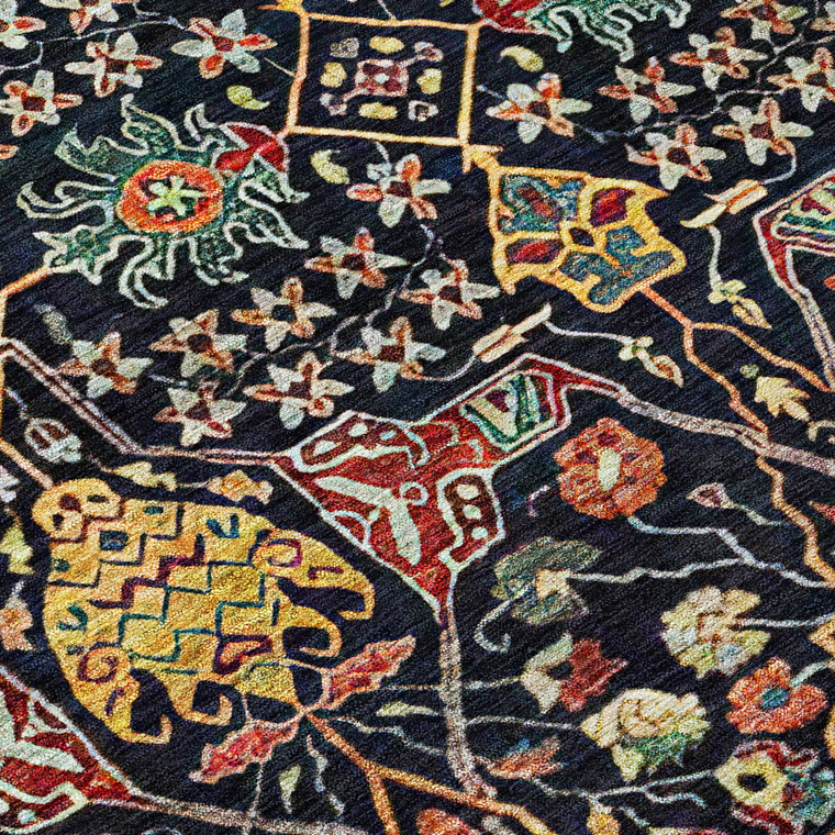 5' X 8' Black Red And Gold Floral Washable Indoor Outdoor Area Rug