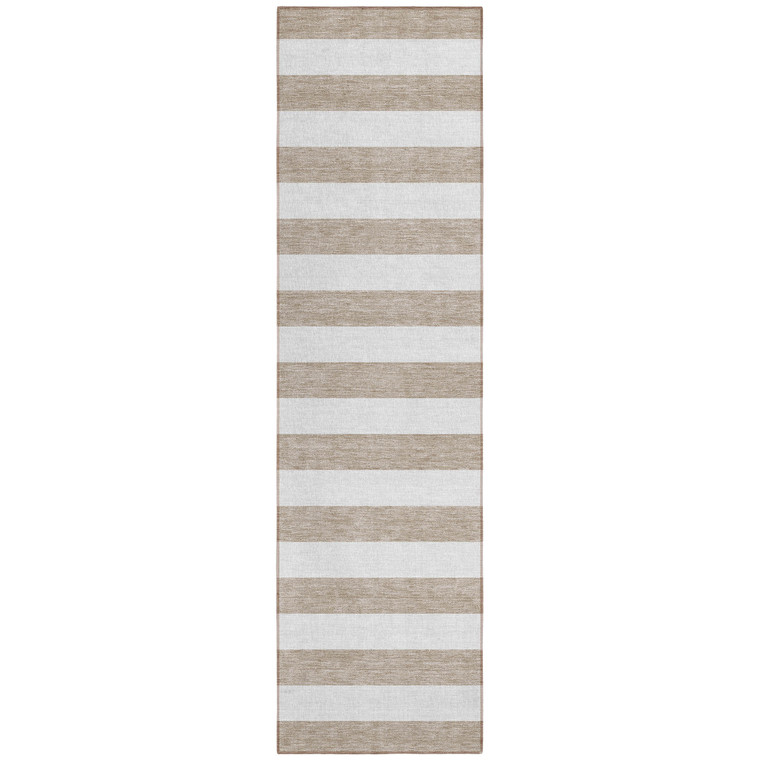 2' X 8' Taupe and White Striped Washable Indoor Outdoor Runner Rug