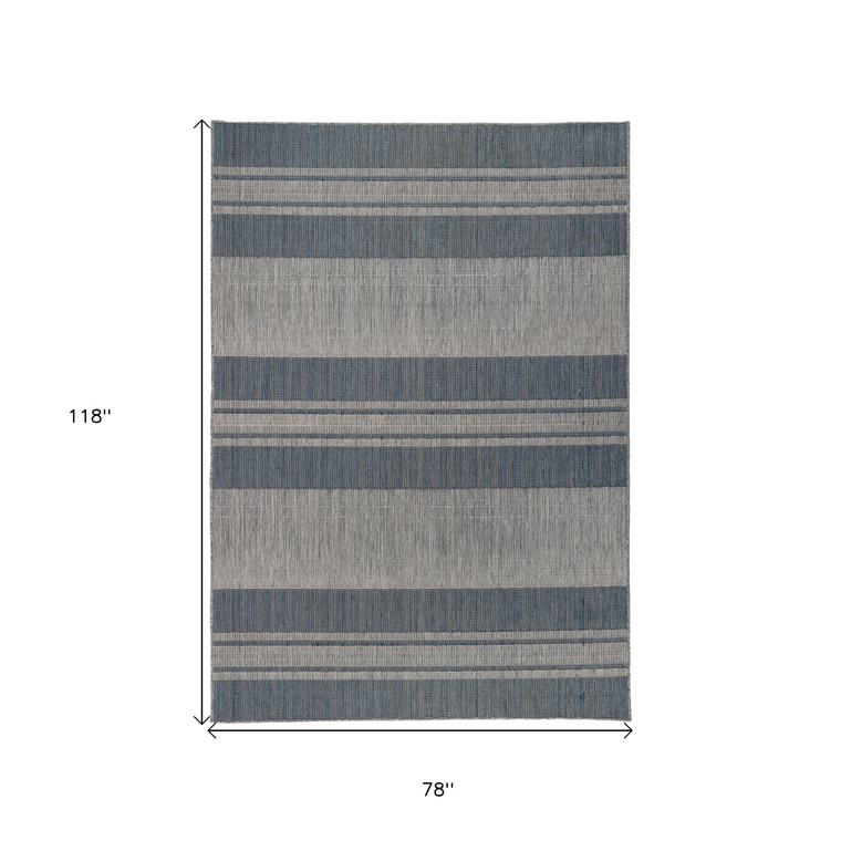 6' X 9' Blue and Gray Striped Stain Resistant Indoor Outdoor Area Rug