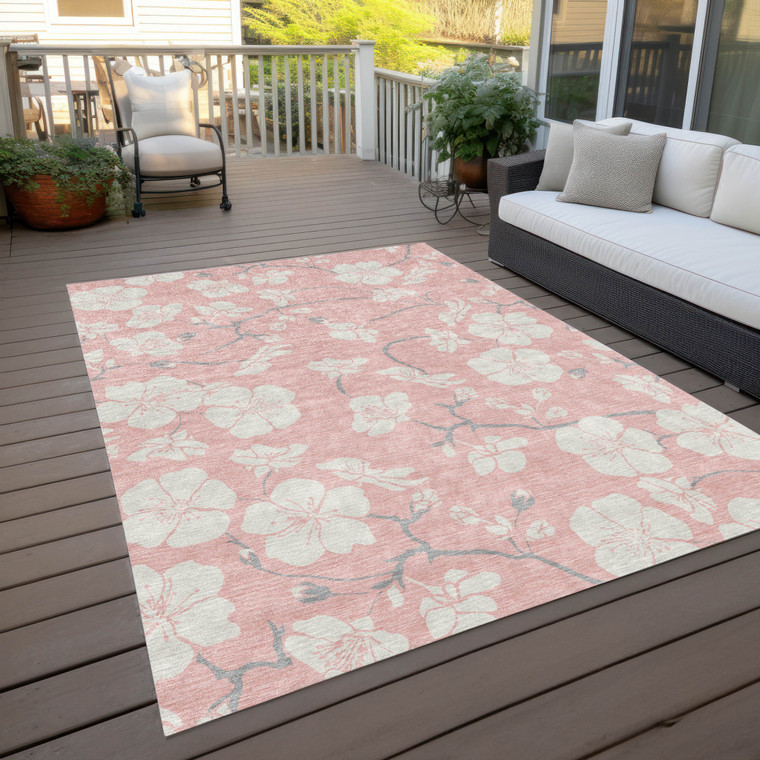 3' X 5' Pink Ivory And Gray Floral Washable Indoor Outdoor Area Rug - Pink, Ivory, Gray