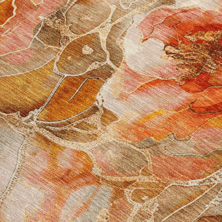 5' X 8' Orange And Gray Floral Washable Indoor Outdoor Area Rug - Orange, Gray