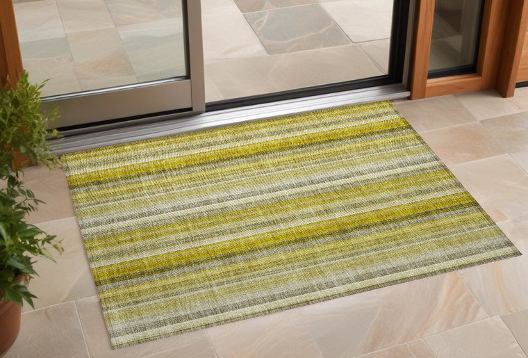 2' X 3' Gold Striped Washable Non Skid Indoor Outdoor Area Rug - Gold