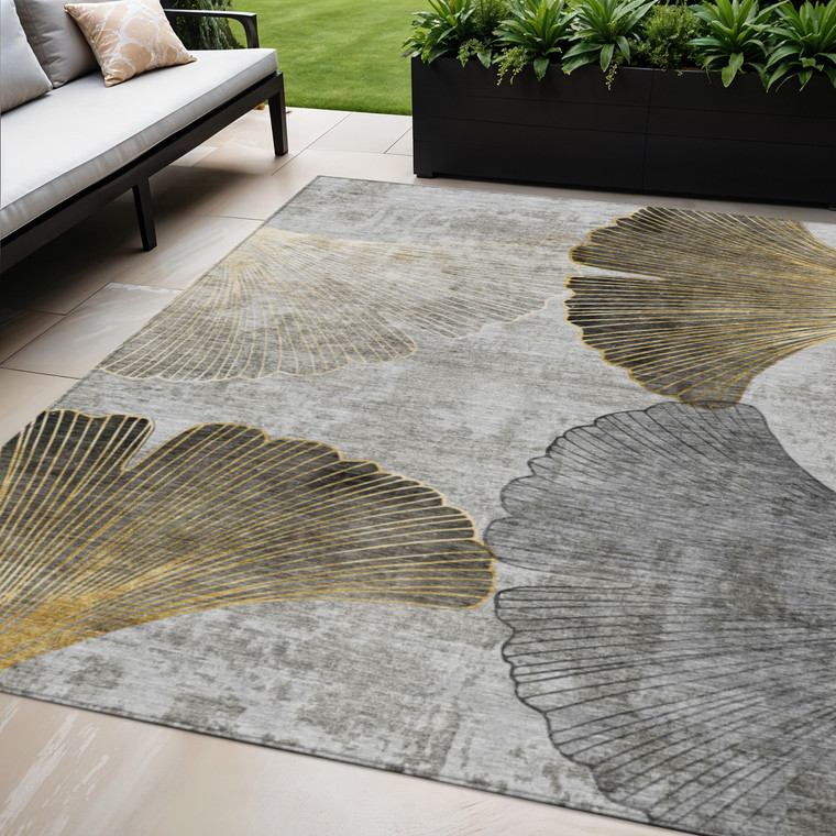 5' X 8' Gray Charcoal And Silver Floral Washable Indoor Outdoor Area Rug