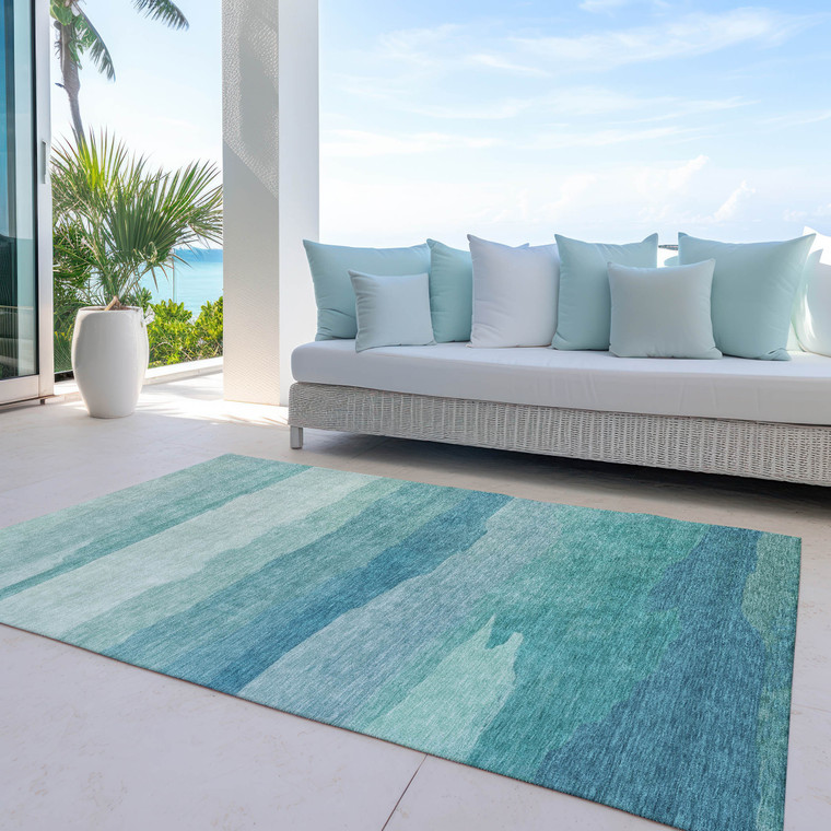 3' X 5' Turquoise Striped Washable Indoor Outdoor Area Rug Transitional Style - Turquoise Color