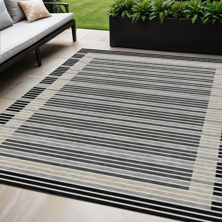 5' X 8' Black And Beige Striped Washable Indoor Outdoor Area Rug - Black, Beige