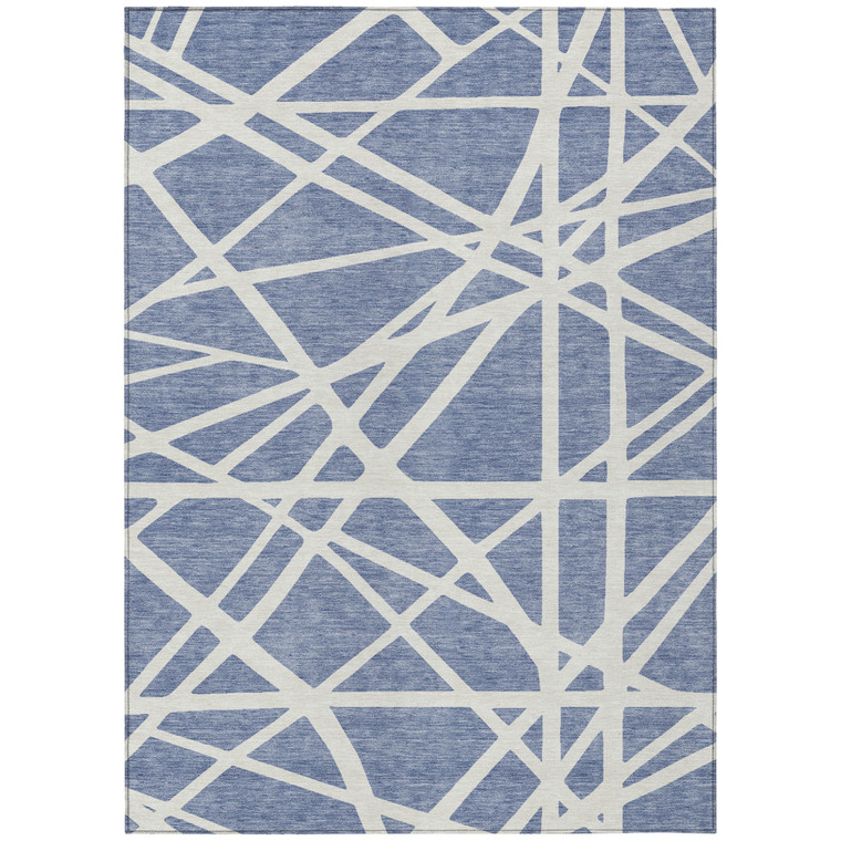 3' X 5' Denim Blue And Ivory Geometric Washable Indoor Outdoor Area Rug Transitional Style - Denim Blue, Ivory Color