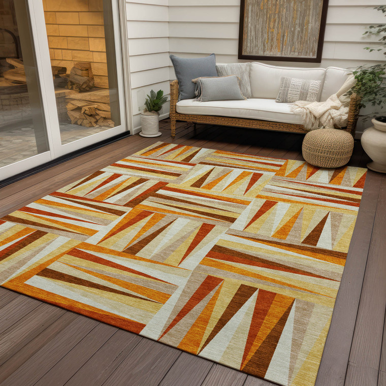 3' X 5' Orange Ivory And Copper Geometric Washable Indoor Outdoor Area Rug