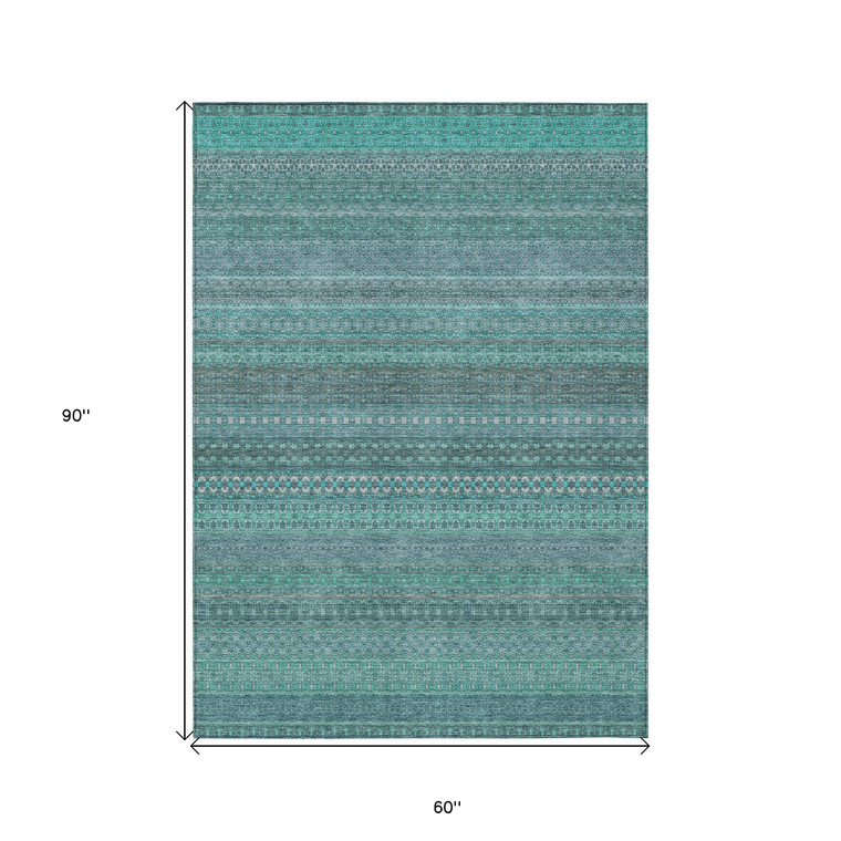 5' X 8' Turquoise Striped Washable Non Skid Indoor Outdoor Area Rug