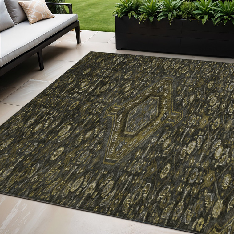 5' X 8' Charcoal Medallion Washable Indoor Outdoor Area Rug