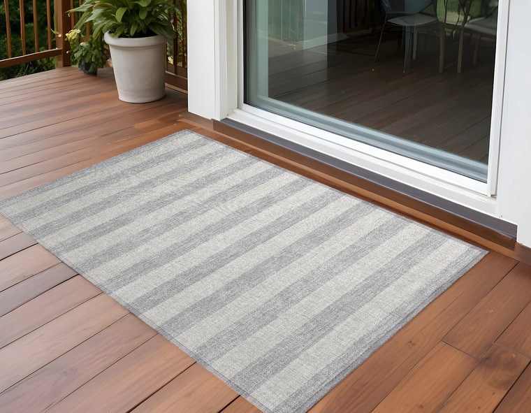 3' X 5' Gray and Ivory Striped Washable Non Skid Indoor Outdoor Area Rug