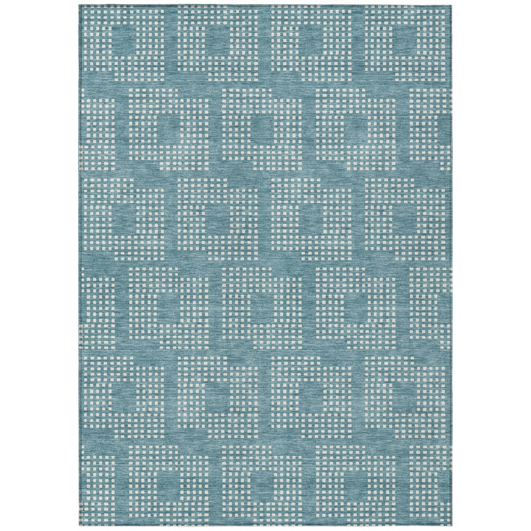 3' X 5' Teal Blue And Ivory Geometric Washable Indoor Outdoor Area Rug Transitional Style - Teal Blue, Ivory Color