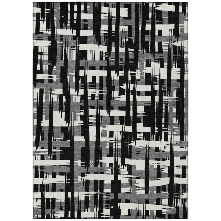 3' X 5' Black Gray And Ivory Striped Washable Indoor Outdoor Area Rug - Black, Gray, Ivory