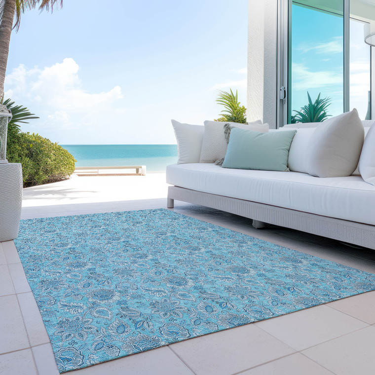 5' X 8' Aqua Blue And Silver Floral Washable Indoor Outdoor Area Rug