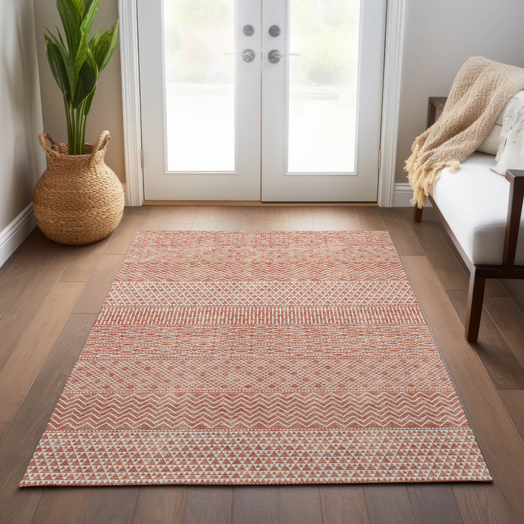 5' X 8' Salmon And Ivory Chevron Washable Indoor Outdoor Area Rug