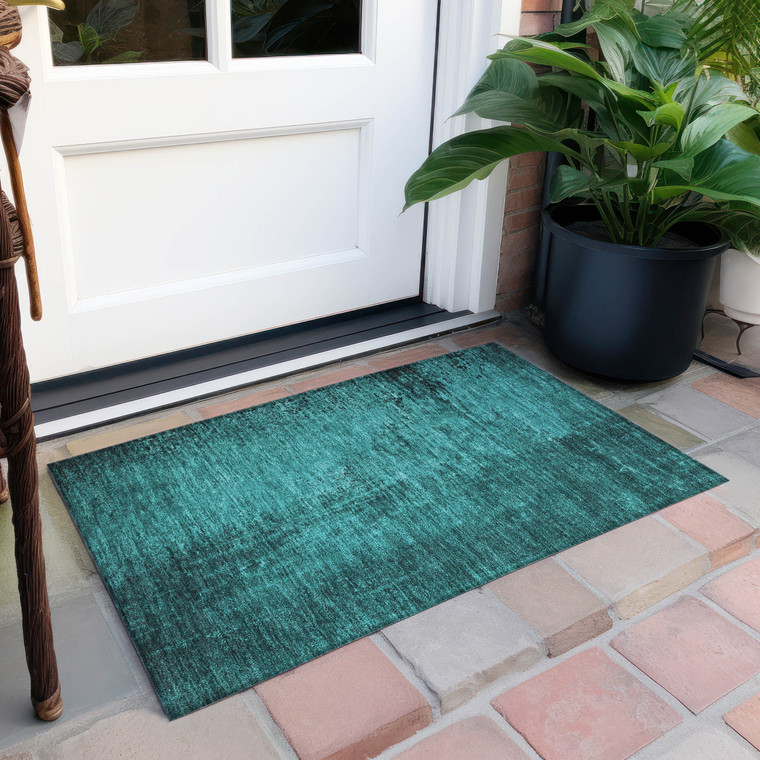 2' X 3' Teal Abstract Washable Non Skid Indoor Outdoor Area Rug Transitional Style - Teal Blue Color