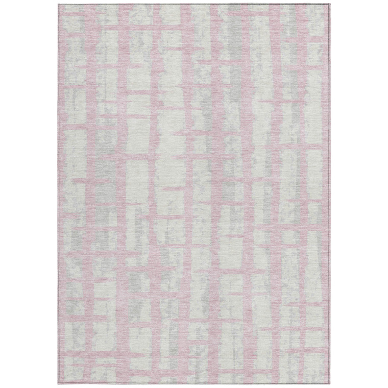 3' X 5' Pink Gray And Ivory Striped Washable Indoor Outdoor Area Rug