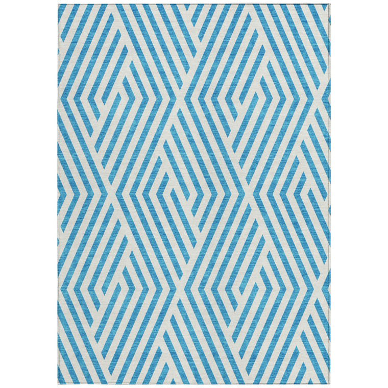 3' X 5' Teal and White Geometric Washable Non Skid Indoor Outdoor Area Rug