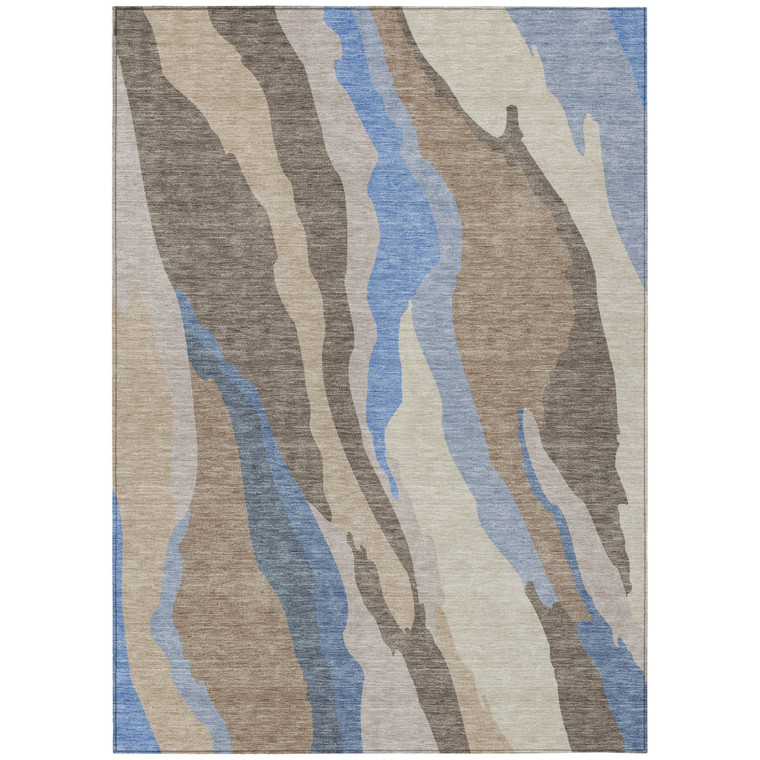3' X 5' Taupe Tan And Blue Abstract Washable Indoor Outdoor Area Rug