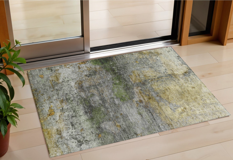 3' X 5' Olive Green Gold And Gray Abstract Washable Indoor Outdoor Area Rug