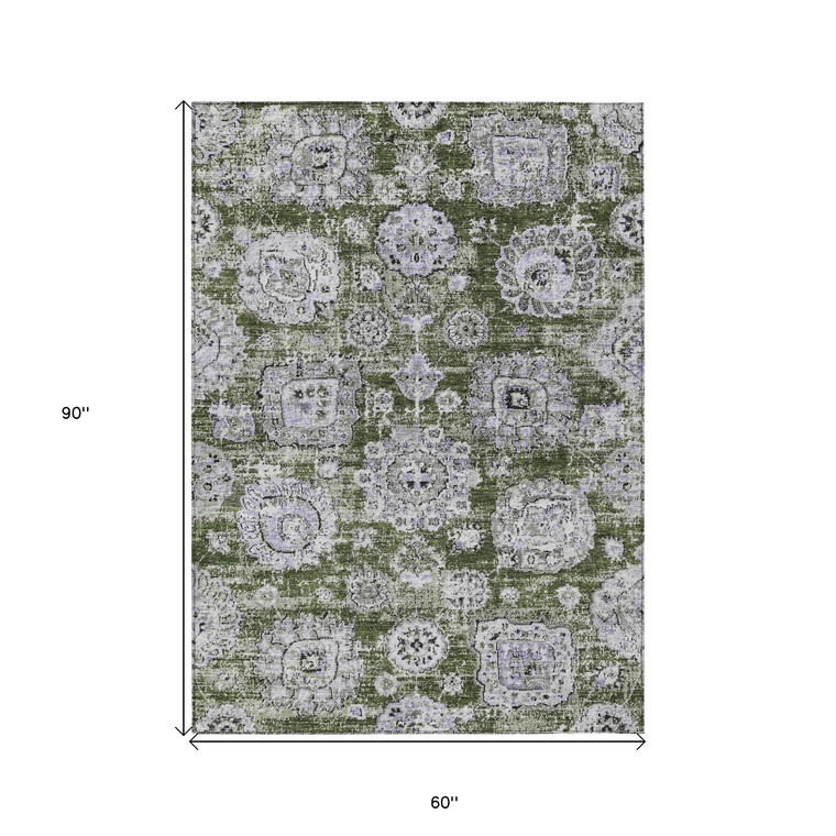 5' X 8' Olive Green And Gray Floral Washable Indoor Outdoor Area Rug