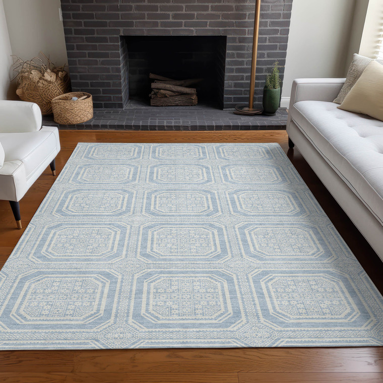 5' X 8' Sky Blue And Ivory Geometric Washable Indoor Outdoor Area Rug Transitional Style - Sky Blue, Ivory Color